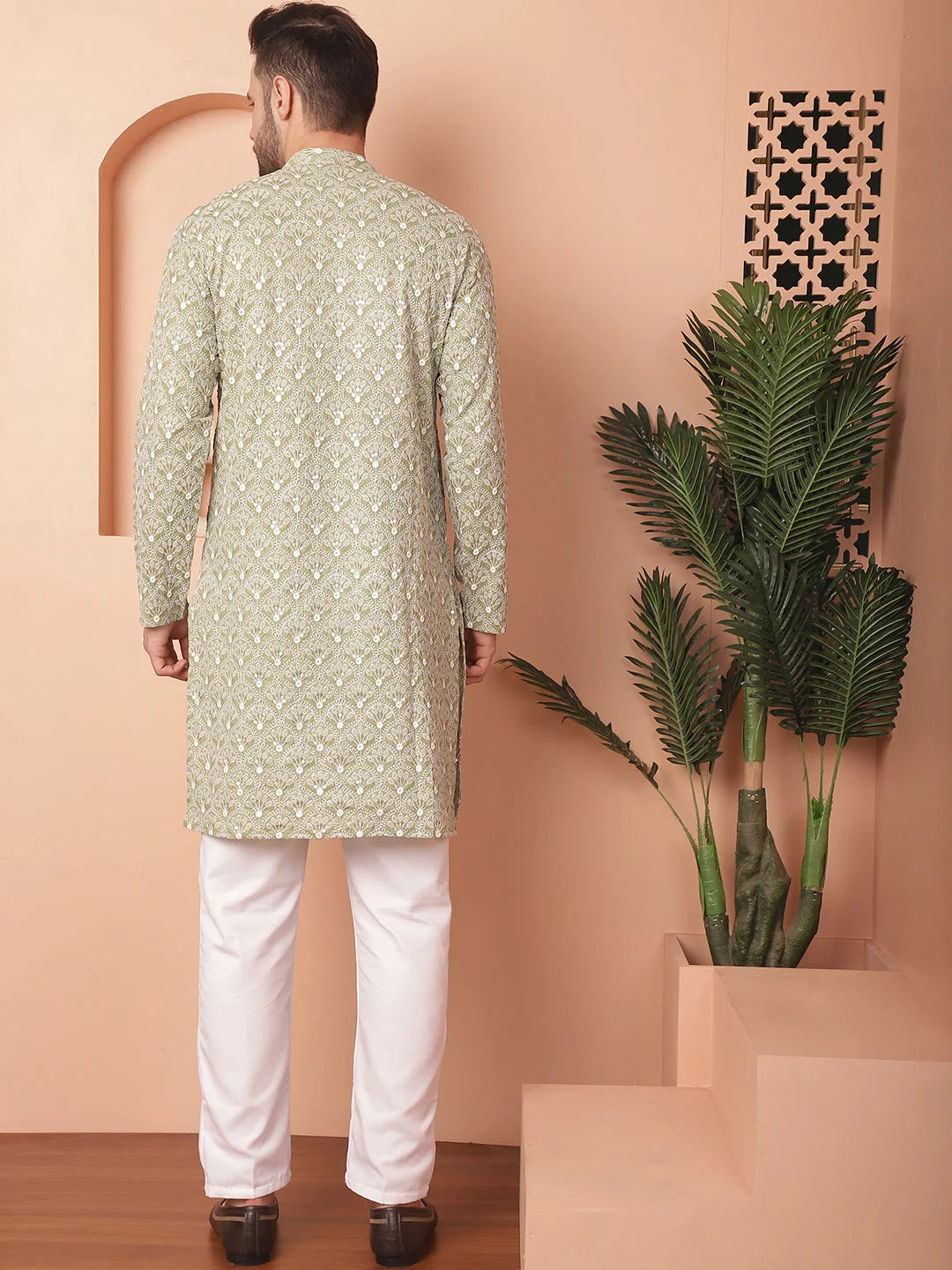 Green Chikankari Kurta Pajama - Mens Kurta Pajama Set Online