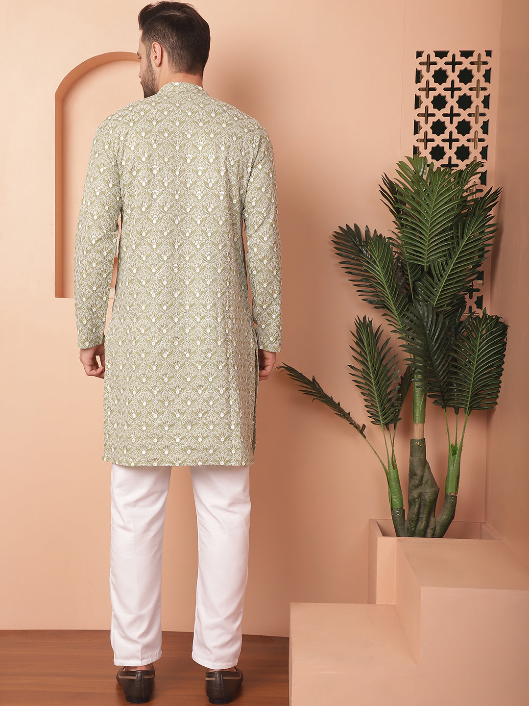 Green Chikankari Kurta Pajama - Mens Kurta Pajama Set Online