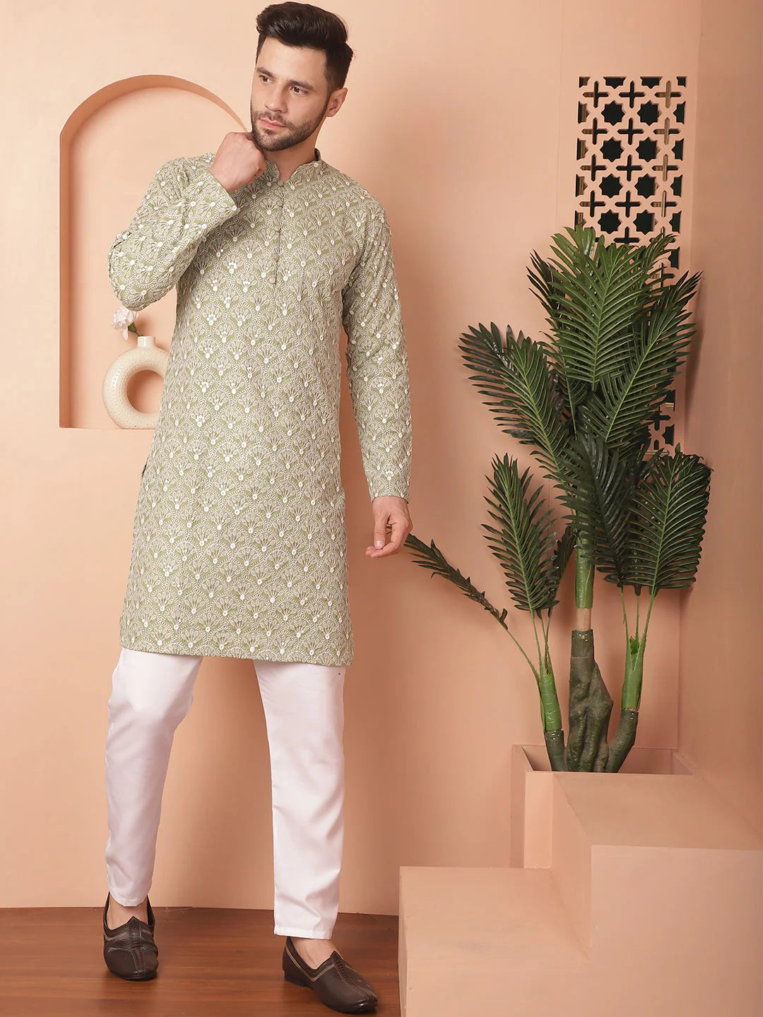 Green Chikankari Kurta Pajama - Mens Kurta Pajama Set Online