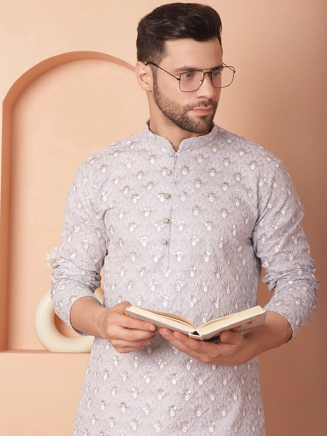 Grey Chikankari Kurta Pajama Set - Mens Kurta Pajama