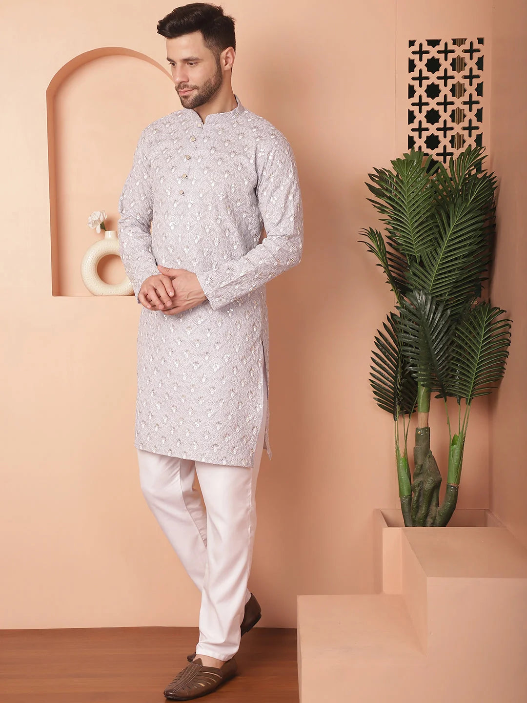 Grey Chikankari Kurta Pajama Set - Mens Kurta Pajama