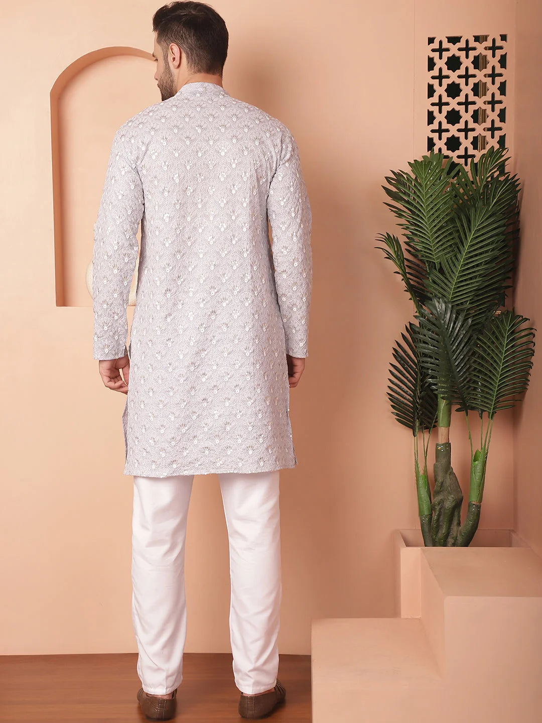 Grey Chikankari Kurta Pajama Set - Mens Kurta Pajama