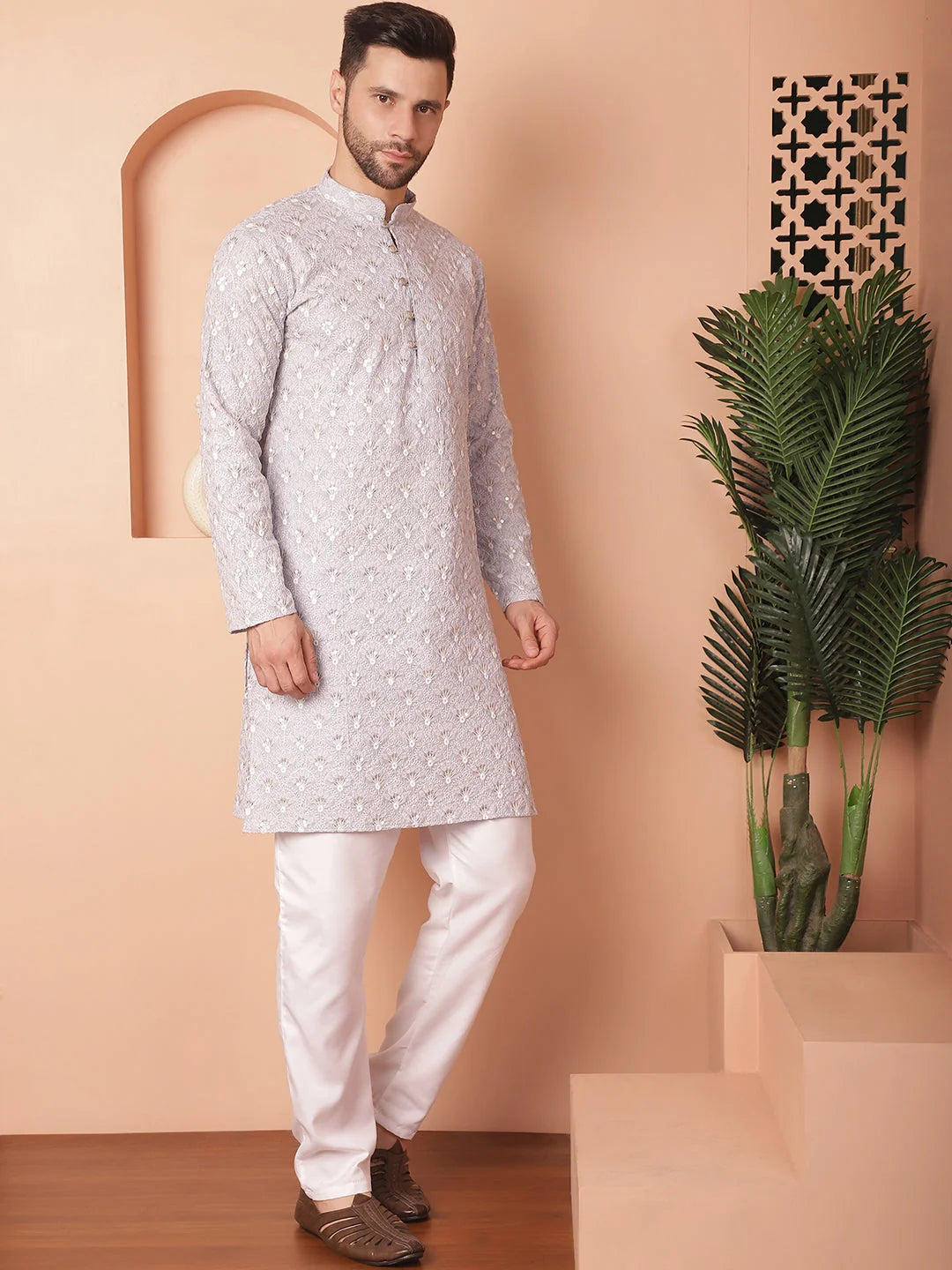 Grey Chikankari Kurta Pajama Set - Mens Kurta Pajama