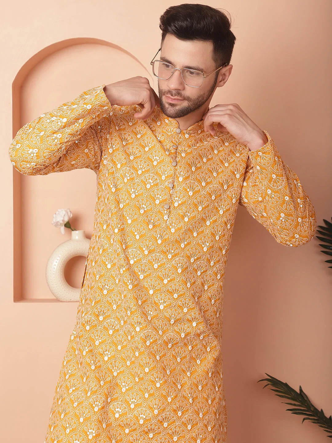Mustard Cotton Mens Kurta Pajama Set - Chikankari Design