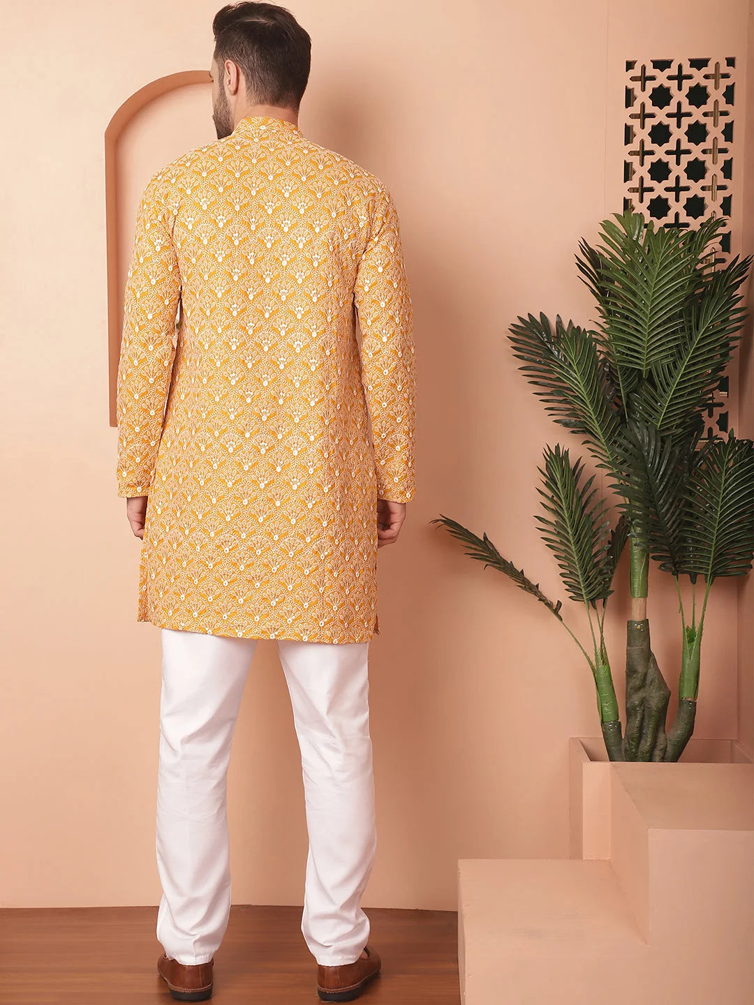 Mustard Cotton Mens Kurta Pajama Set - Chikankari Design