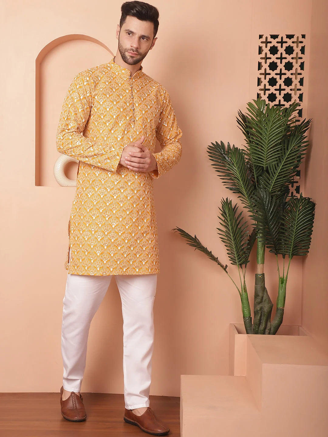 Mustard Cotton Mens Kurta Pajama Set - Chikankari Design