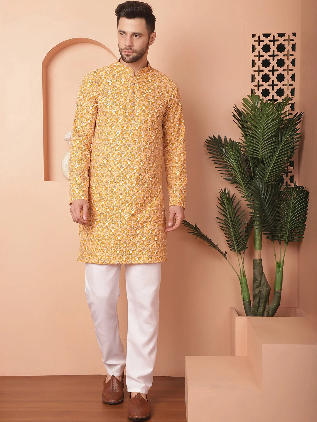 Mustard Cotton Mens Kurta Pajama Set - Chikankari Design