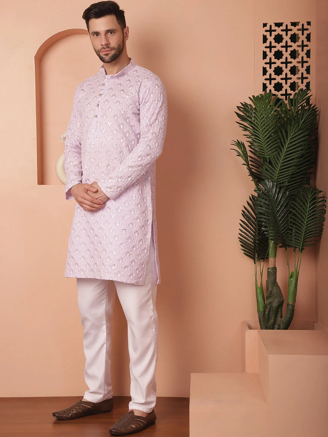 Purple Cotton Mens Kurta Pajama Set - Chikankari Embroidery