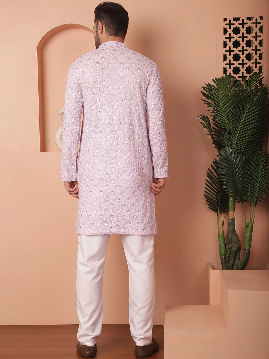 Purple Cotton Mens Kurta Pajama Set - Chikankari Embroidery