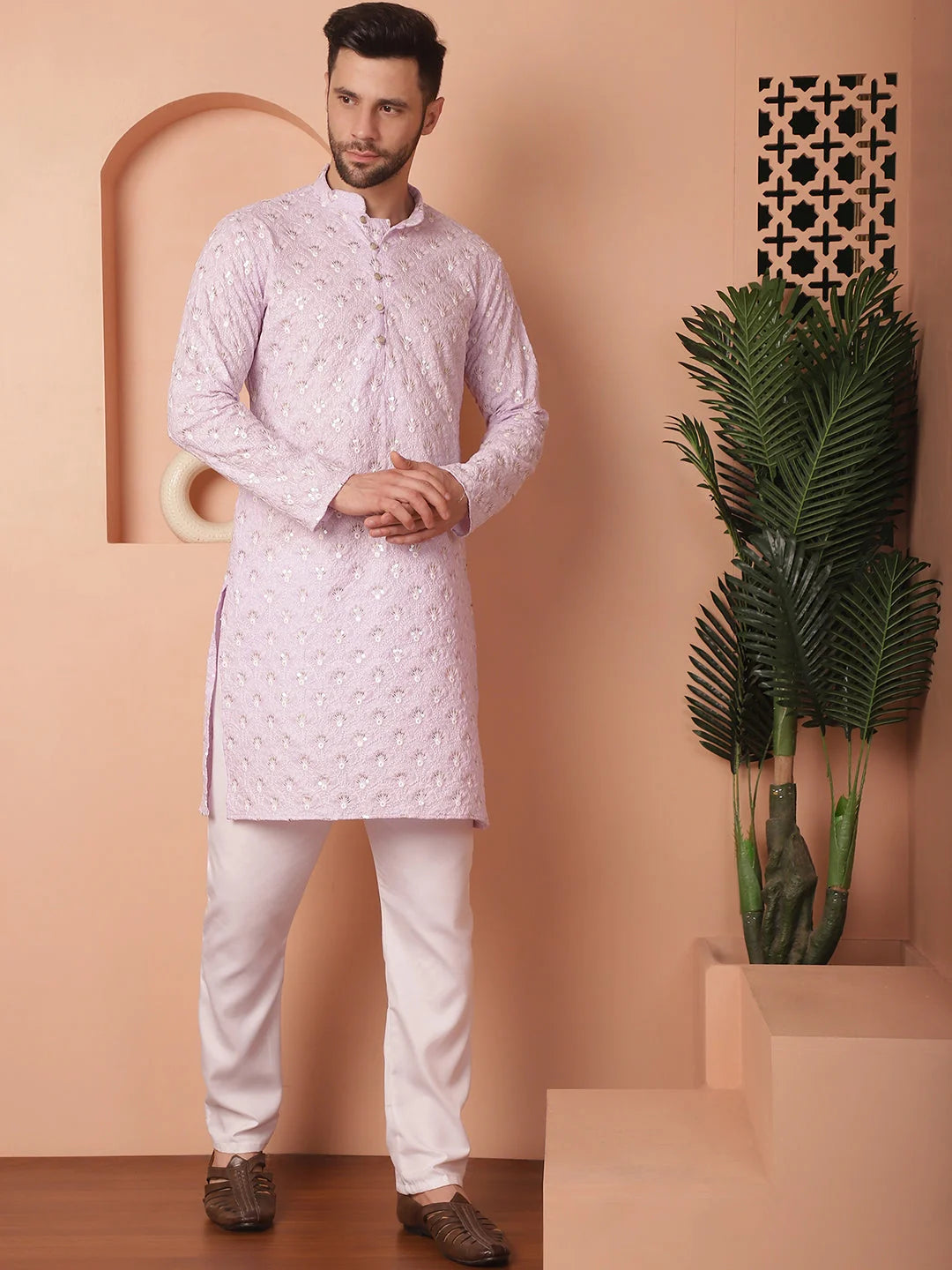Purple Cotton Mens Kurta Pajama Set - Chikankari Embroidery