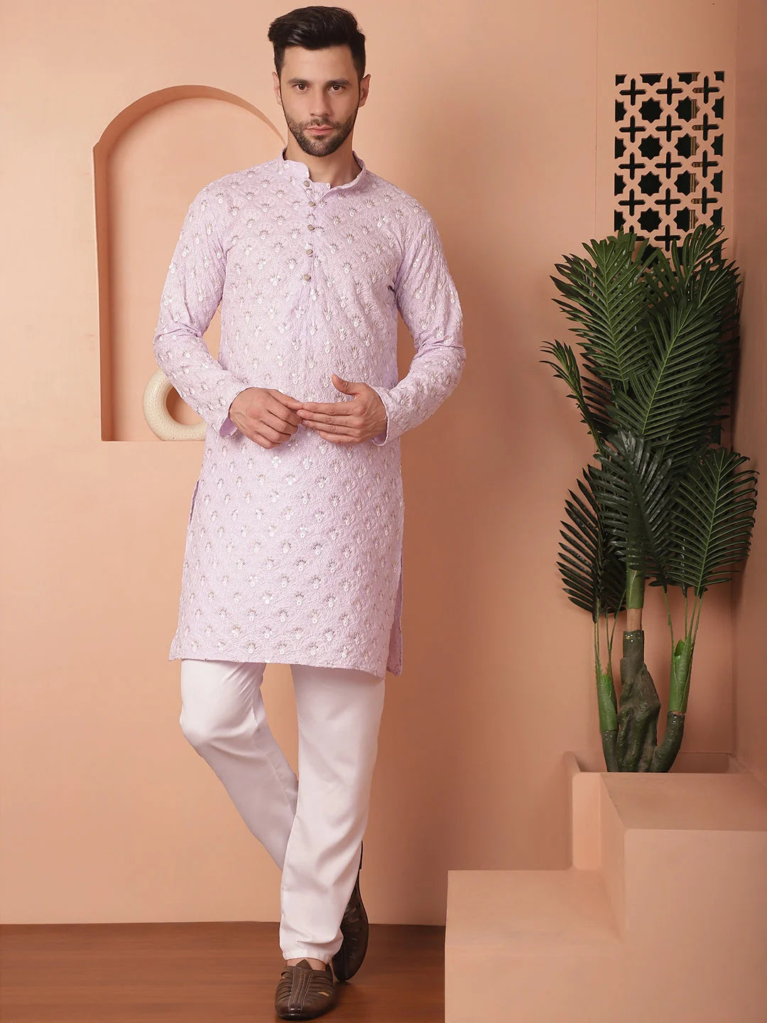 Purple Cotton Mens Kurta Pajama Set - Chikankari Embroidery