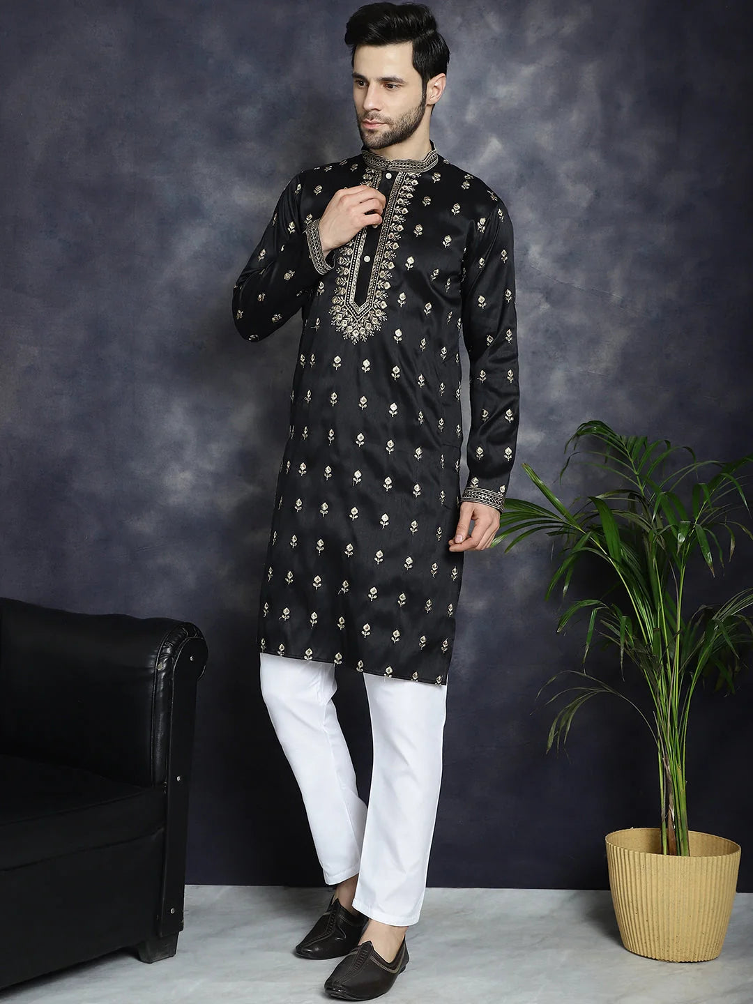 Black Chikankari Mens Kurta Pajama Set - Embroidered Kurta Pajama