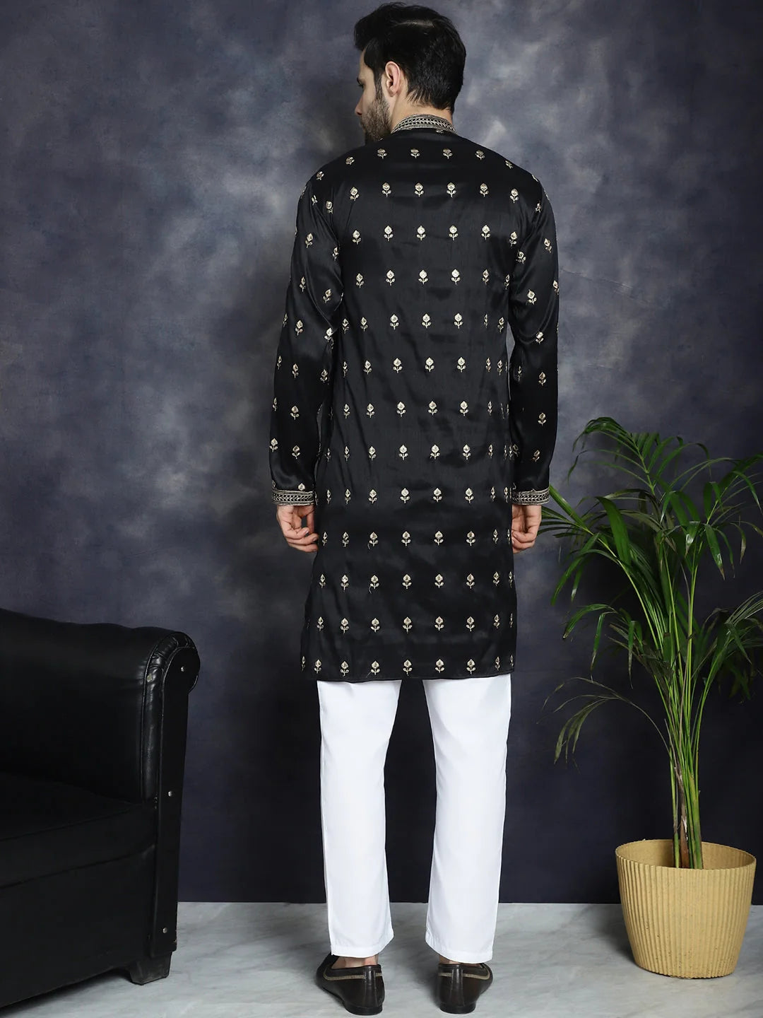 Black Chikankari Mens Kurta Pajama Set - Embroidered Kurta Pajama