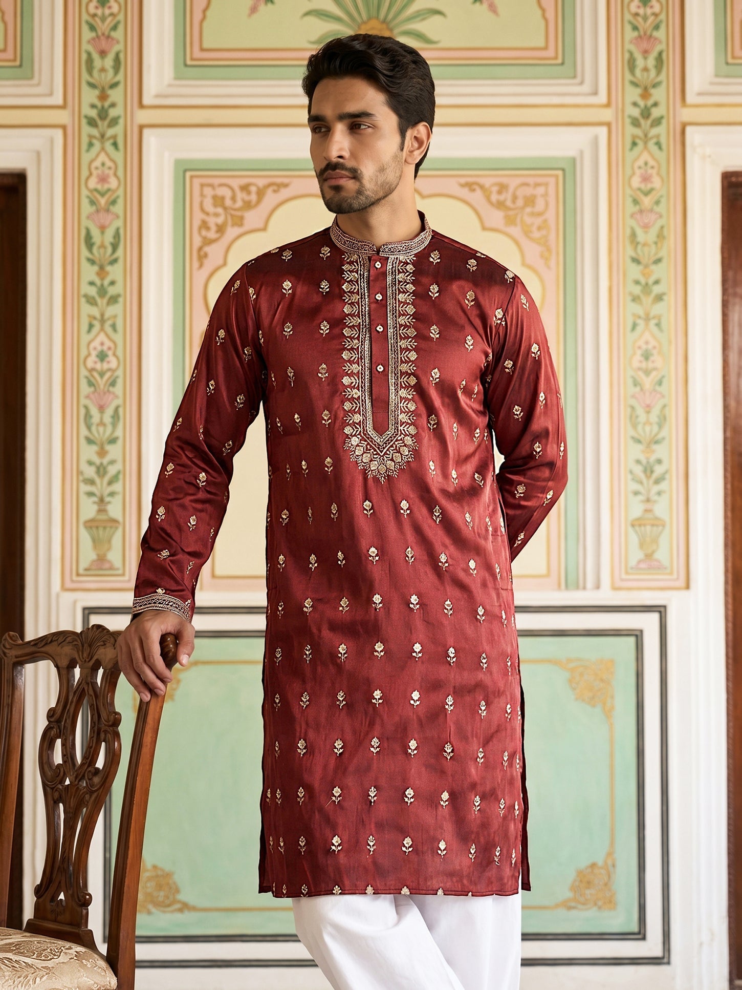 DesiQlo Men Embroidered Kurta Pyjama Set - Maroon - JOKP_PJ11W_5042Mar