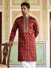 Silk Blend Embroidered Kurta Set for Men ( JOKP PJ11W 5042Maroon )