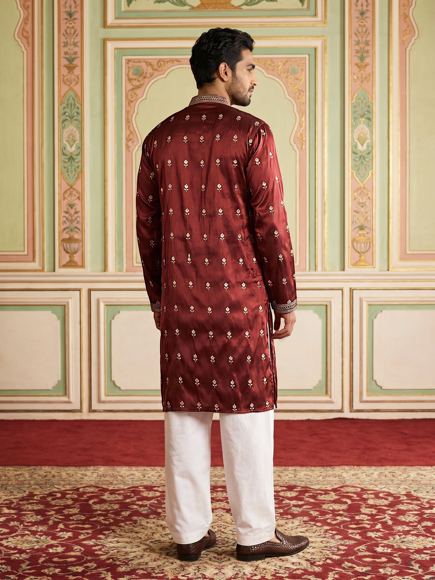 DesiQlo Men Embroidered Kurta Pyjama Set - Maroon - JOKP_PJ11W_5042Mar