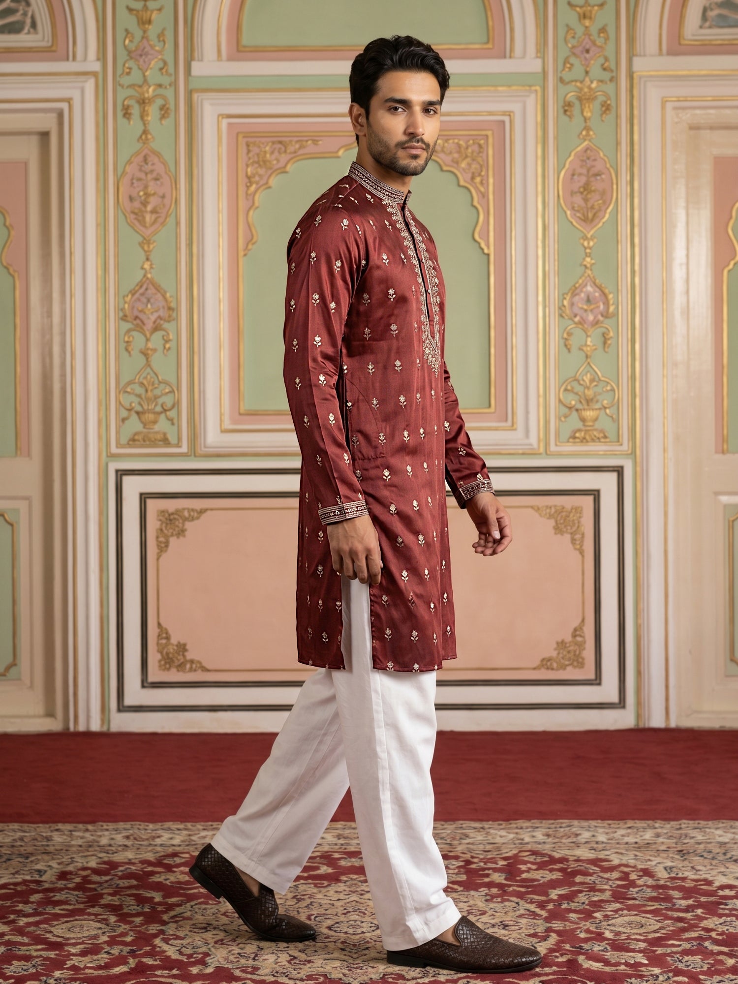 DesiQlo Men Embroidered Kurta Pyjama Set - Maroon - JOKP_PJ11W_5042Mar