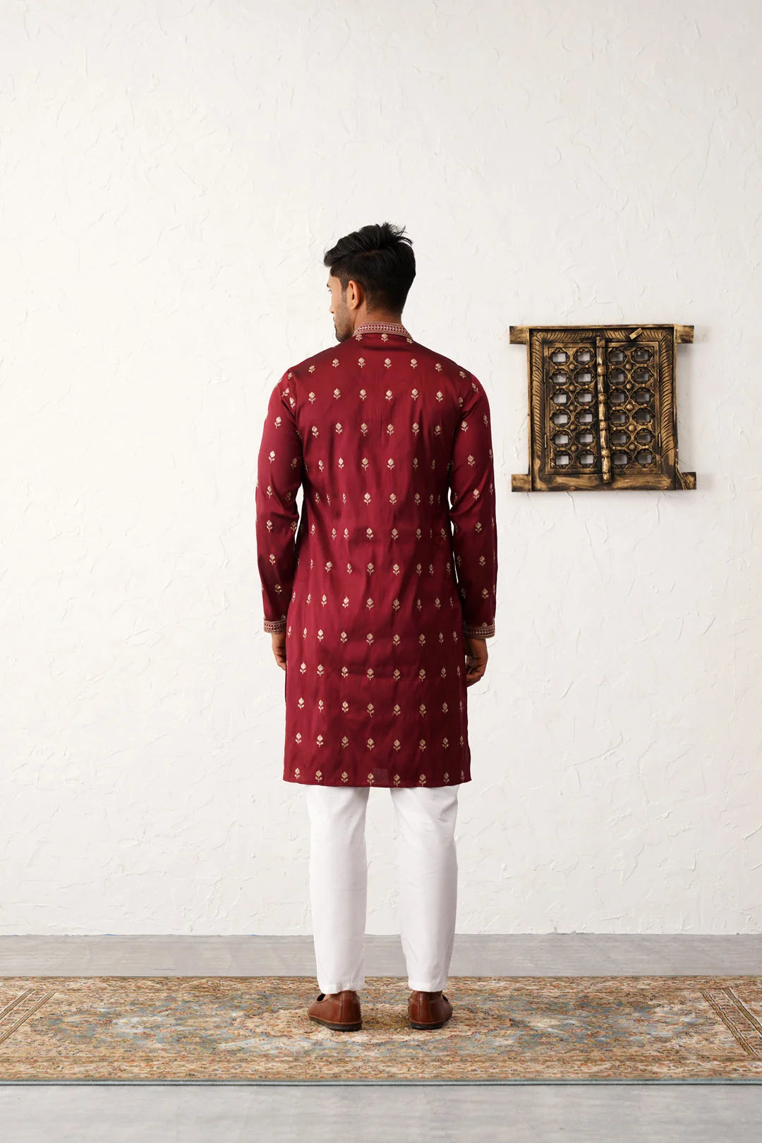 Maroon Chikankari Mens Kurta Pajama Set | Embroidered Kurta