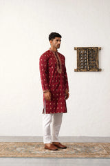 Men's Maroon Chikankari Embroidered Kurta With Pyjama-JOKP-P