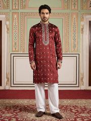 Silk Blend Embroidered Kurta Set for Men ( JOKP PJ11W 5042Maroon )