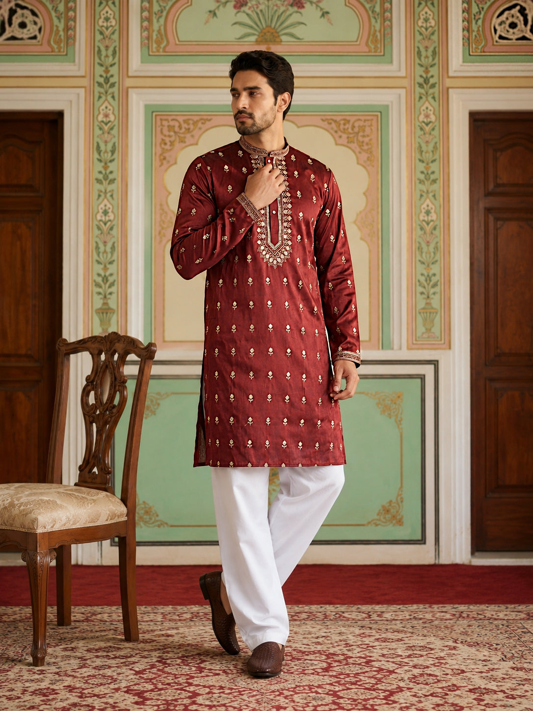 DesiQlo Men Embroidered Kurta Pyjama Set - Maroon - JOKP_PJ11W_5042Mar