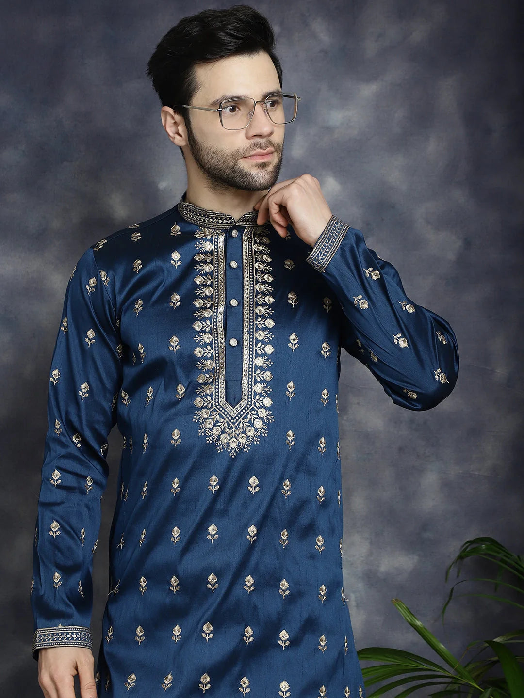 Navy Blue Embroidered Mens Kurta Pajama Set - Pathani Style