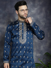 Men's Navy Blue Chikankari Embroidered Kurta With Pyjama ( JOKP P 5042Navy )