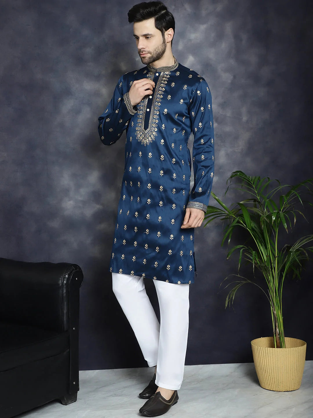 Navy Blue Embroidered Mens Kurta Pajama Set - Pathani Style
