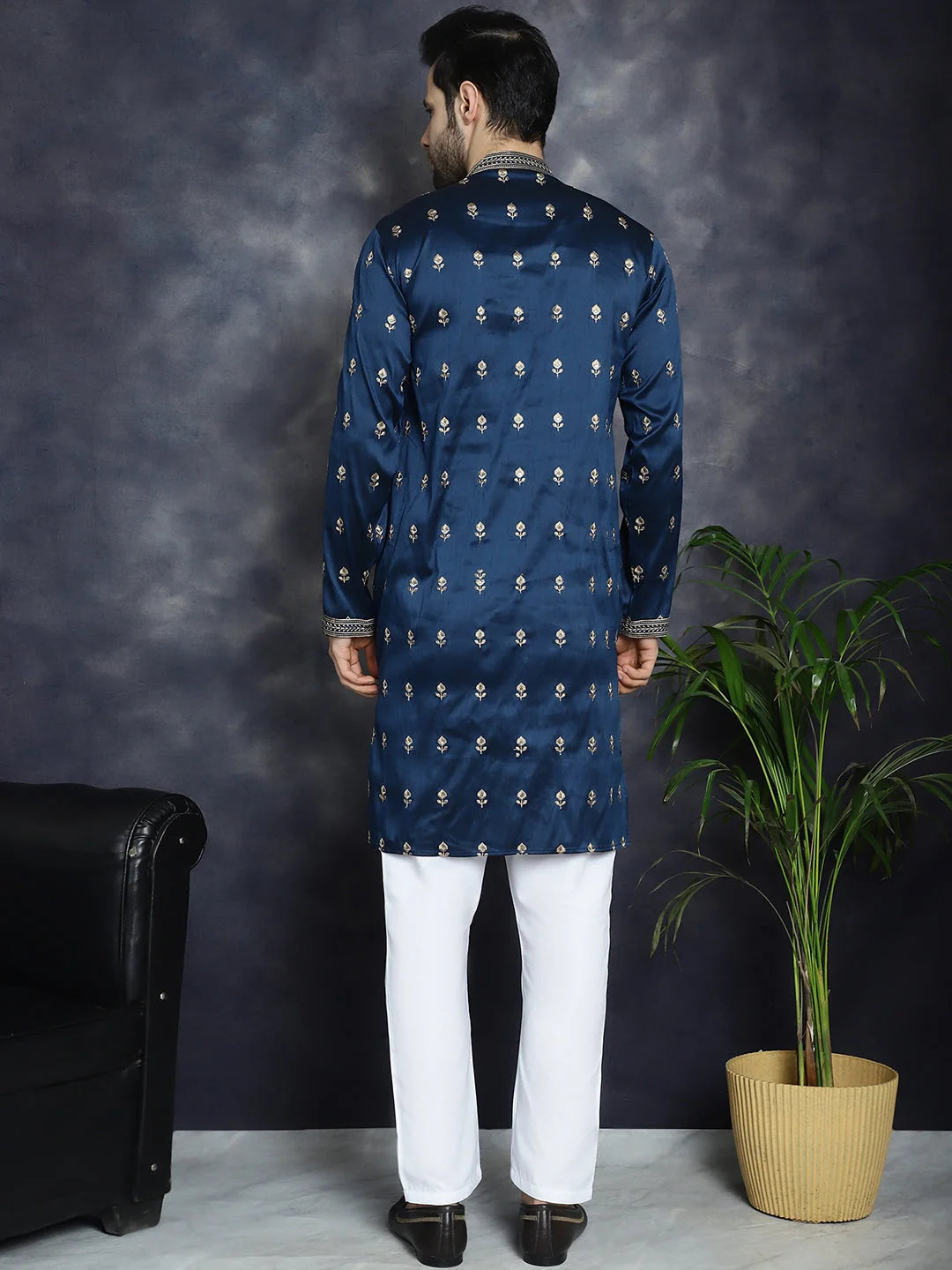Navy Blue Embroidered Mens Kurta Pajama Set - Pathani Style
