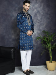 Men's Navy Blue Chikankari Embroidered Kurta With Pyjama ( JOKP P 5042Navy )