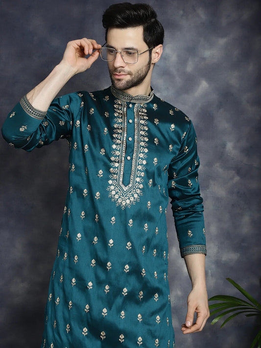 Men's Peacock Blue Chikankari Embroidered Kurta With Pyjama ( JOKP P 5042Peacock ) 1080