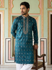 Silk Blend Embroidered Kurta Set for Men ( JOKP PJ11W 5042Peacock )