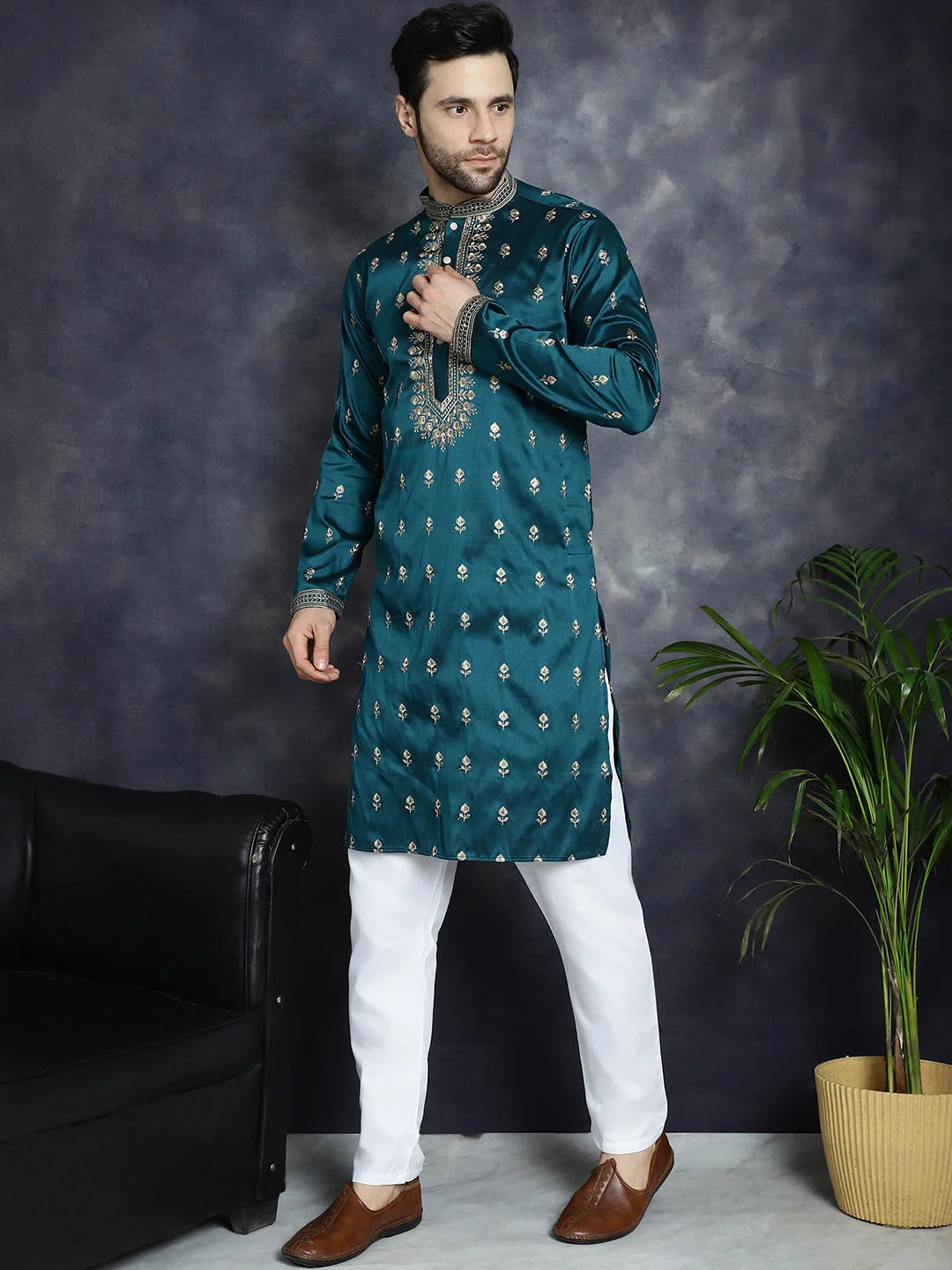 Peacock Blue Mens Kurta Pajama Set | Chikankari Embroidery
