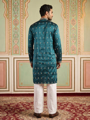 Silk Blend Embroidered Kurta Set for Men ( JOKP PJ11W 5042Peacock )