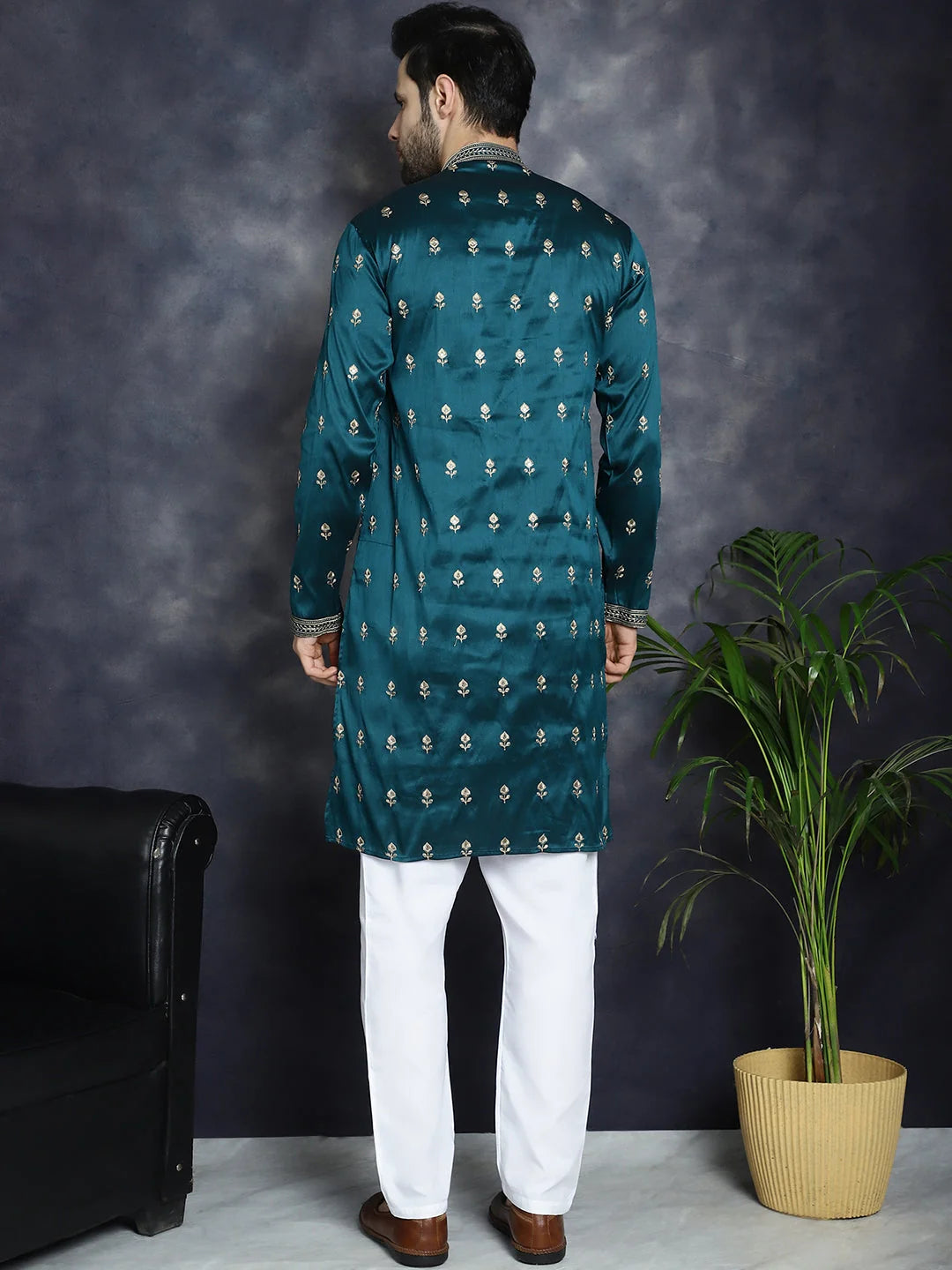 Peacock Blue Mens Kurta Pajama Set | Chikankari Embroidery
