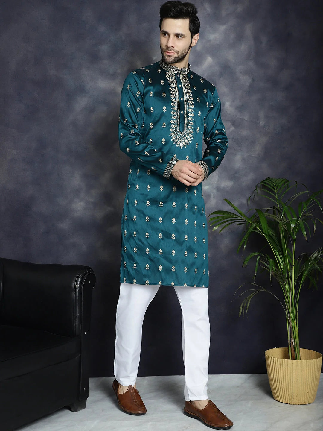Peacock Blue Mens Kurta Pajama Set | Chikankari Embroidery