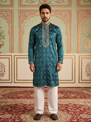 Silk Blend Embroidered Kurta Set for Men ( JOKP PJ11W 5042Peacock )