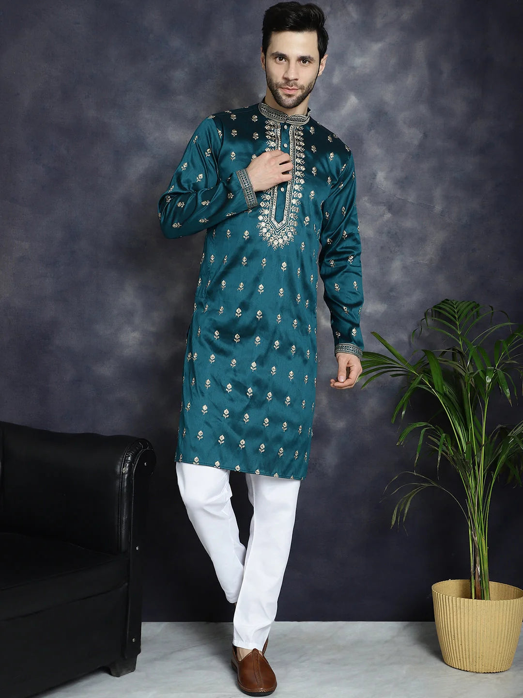 Peacock Blue Mens Kurta Pajama Set | Chikankari Embroidery