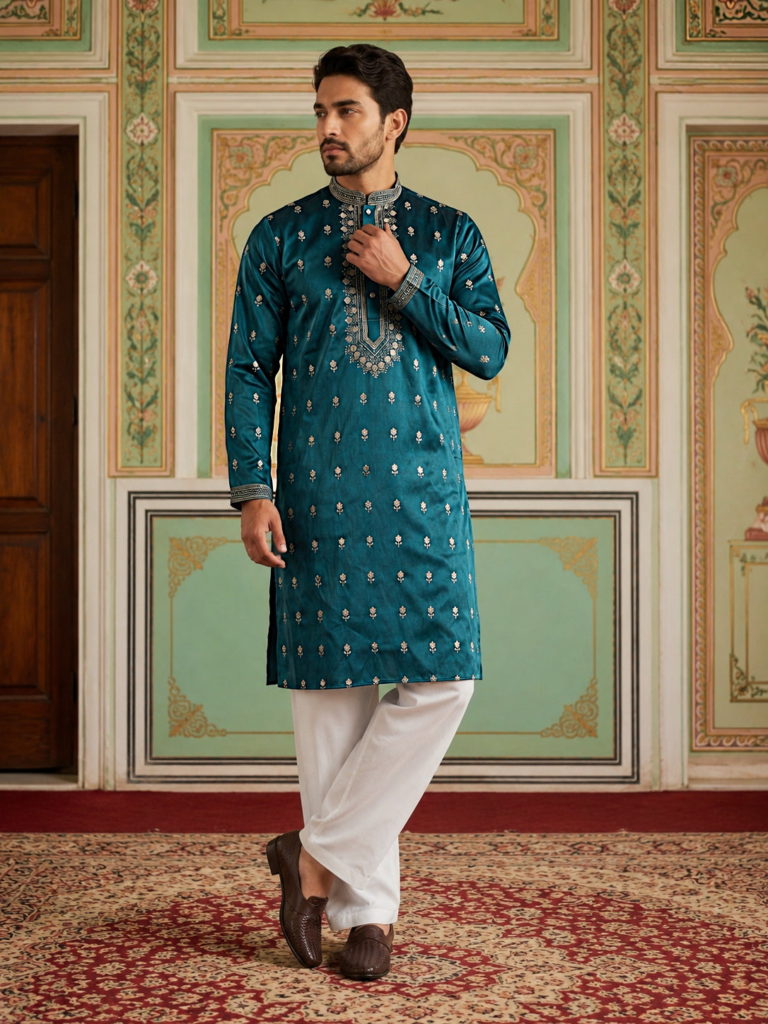 DesiQlo Men Embroidered Kurta Pyjama Set - Multicolor - JOKP_PJ11W_504