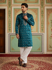 Silk Blend Embroidered Kurta Set for Men ( JOKP PJ11W 5042Peacock )