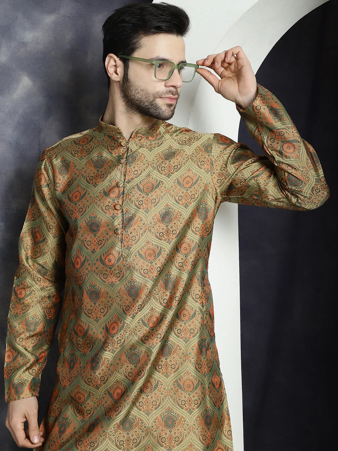 Golden Mens Kurta Pajama Set - Silk Blend Pathani Style