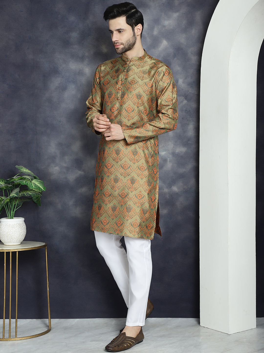 Golden Mens Kurta Pajama Set - Silk Blend Pathani Style