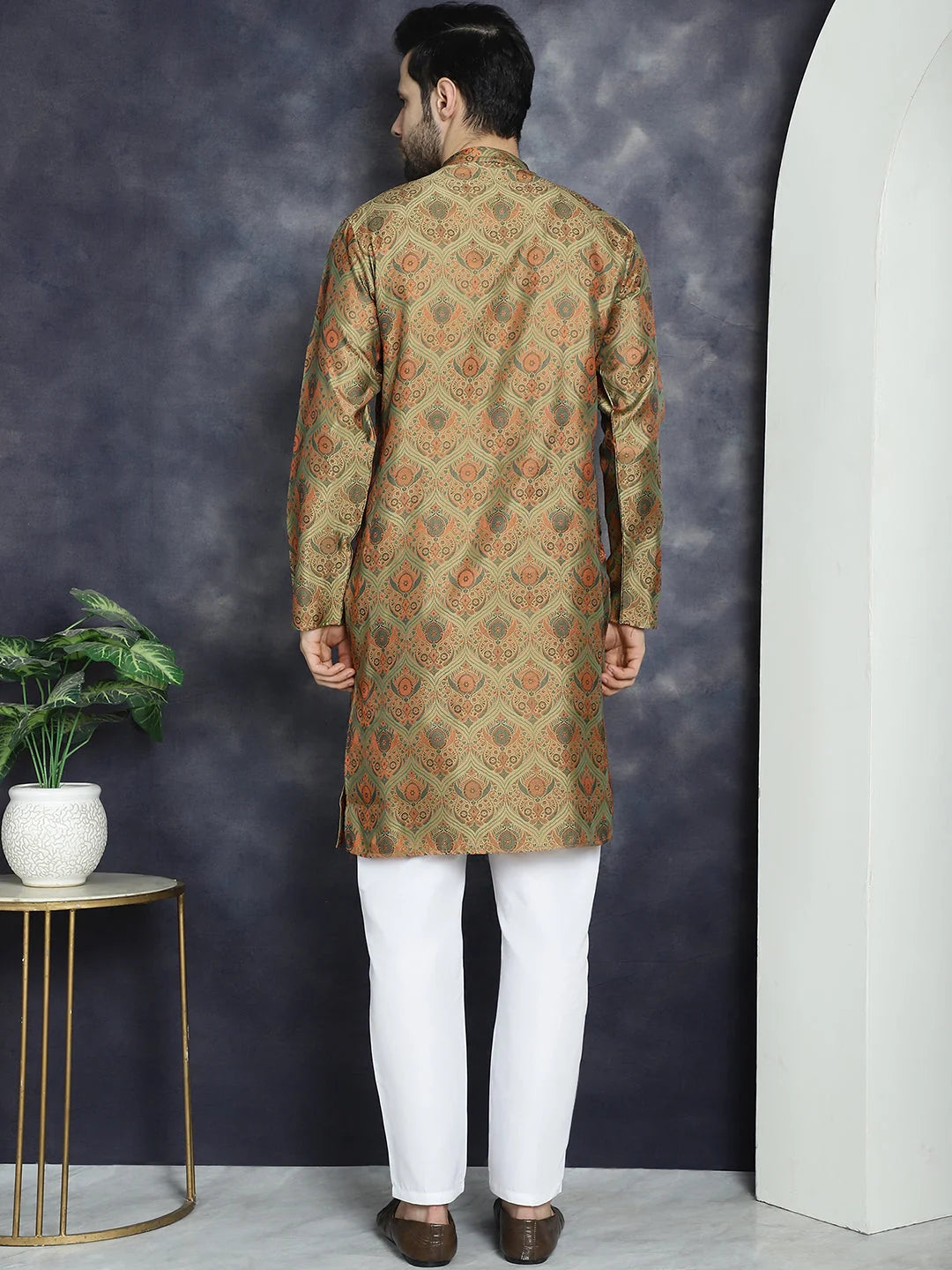 Golden Mens Kurta Pajama Set - Silk Blend Pathani Style