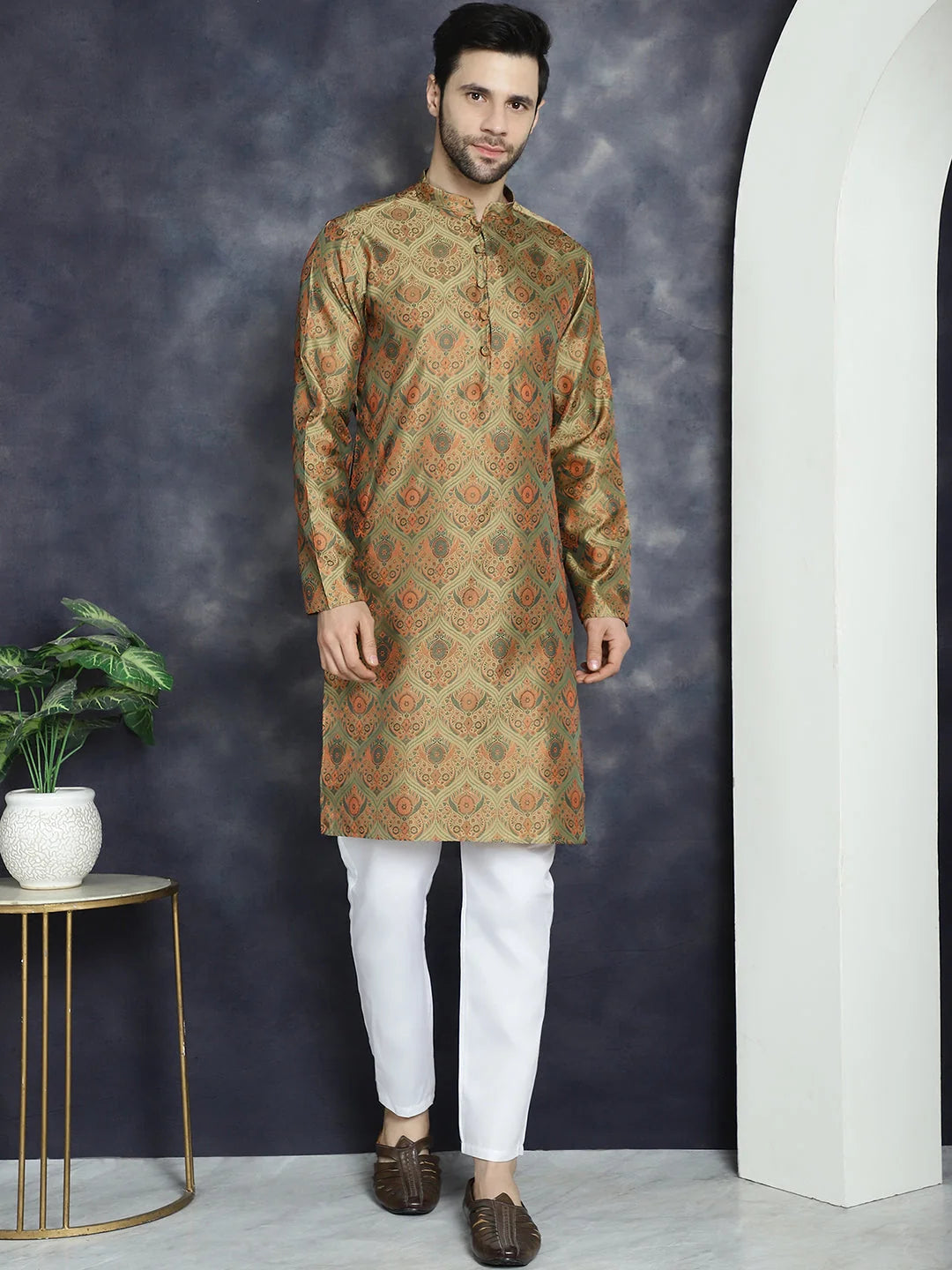 Golden Mens Kurta Pajama Set - Silk Blend Pathani Style