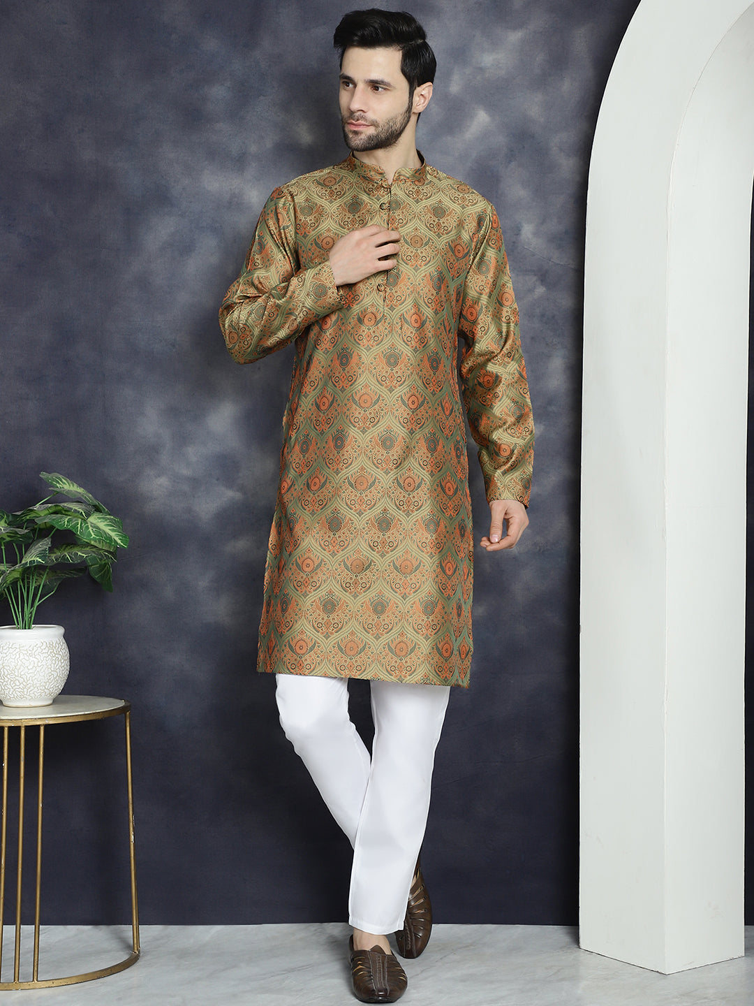 Golden Mens Kurta Pajama Set - Silk Blend Pathani Style