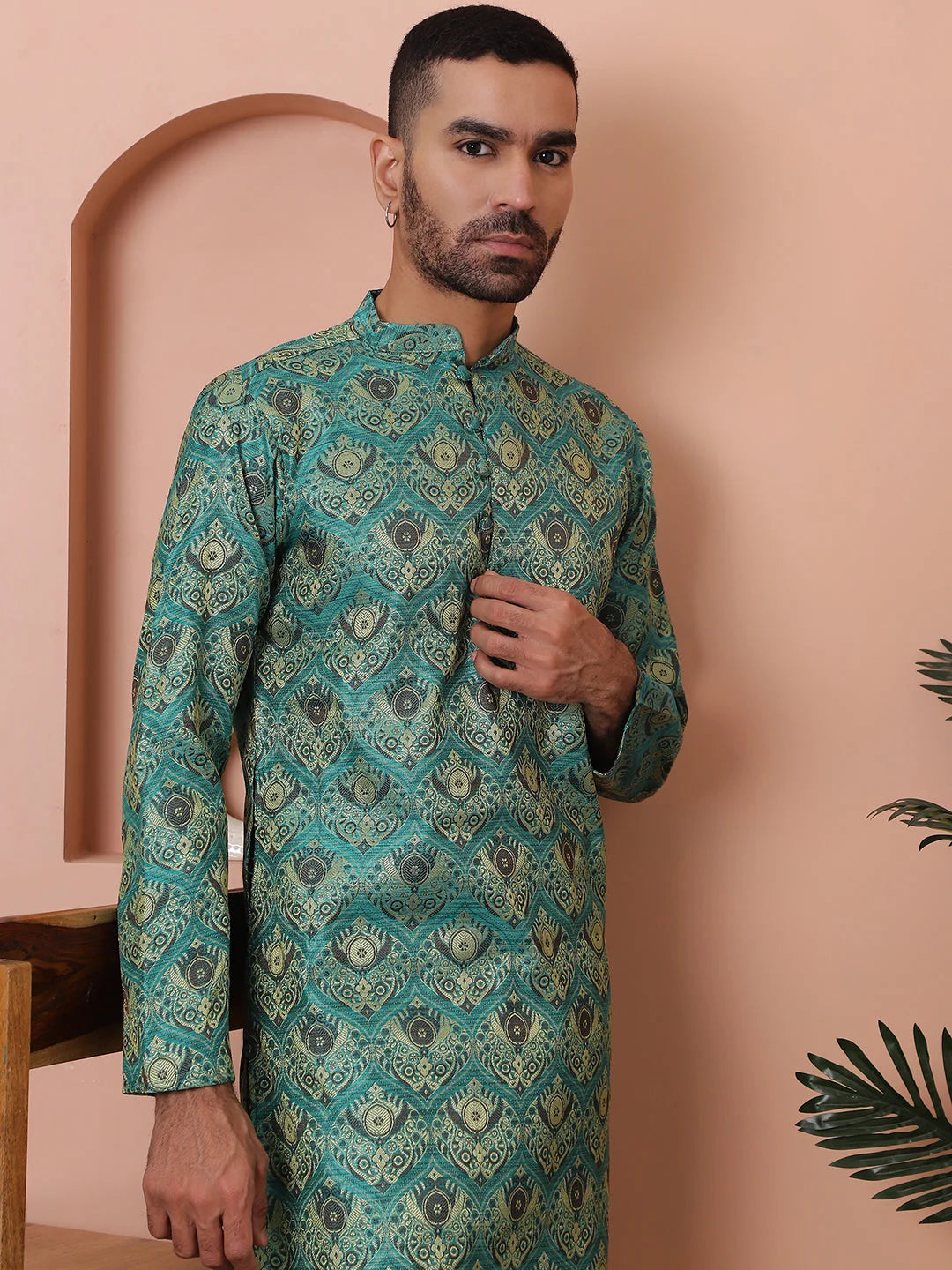 Green Silk Blend Mens Kurta Pajama Set | Festive Outfit