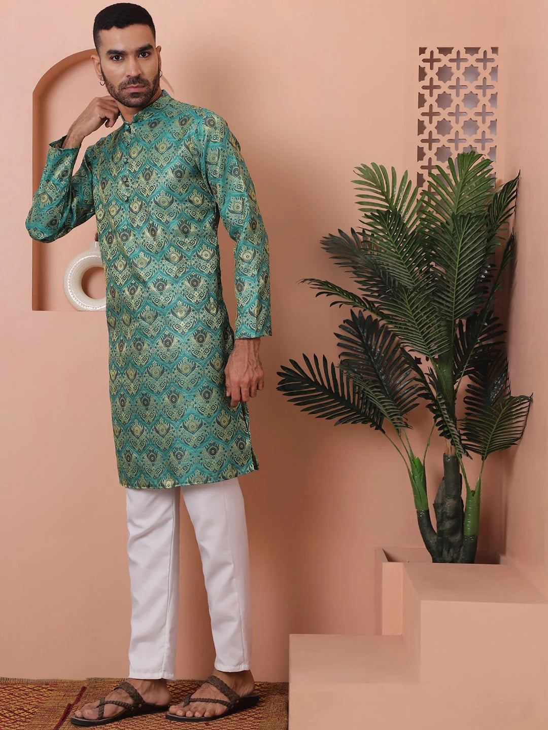 Green Silk Blend Mens Kurta Pajama Set | Festive Outfit