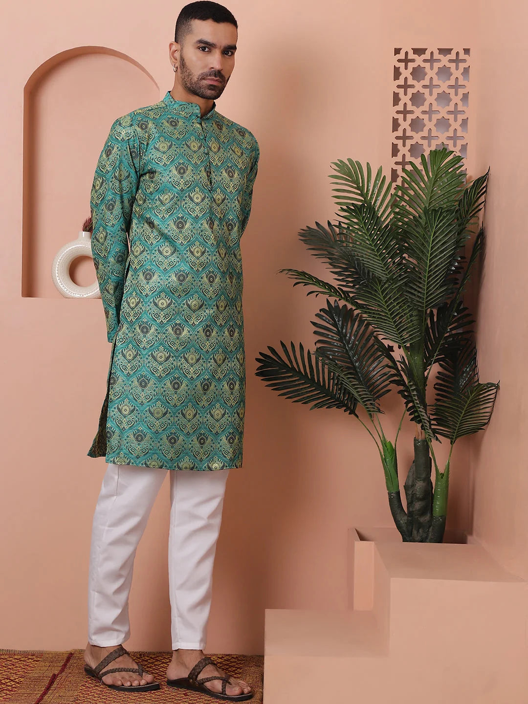 Green Silk Blend Mens Kurta Pajama Set | Festive Outfit