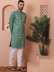 Men Green Silk Blend Straight Kurta Pyjama Set-JOKP-P