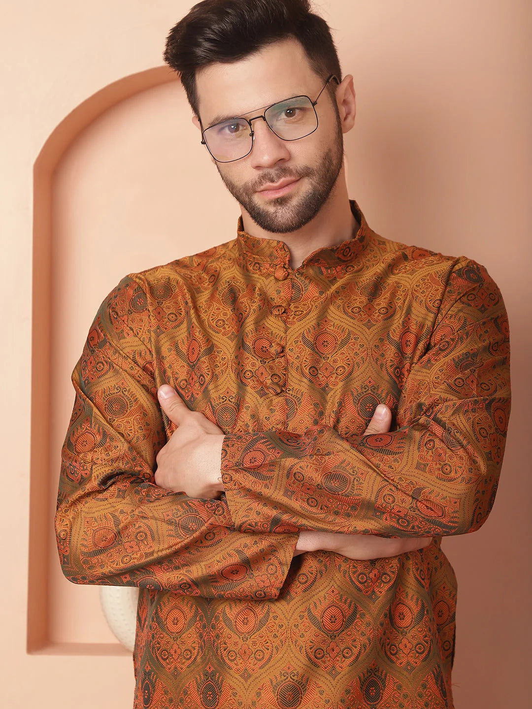 Men Gold Silk Blend Straight Kurta Pyjama Set-JOKP-P
